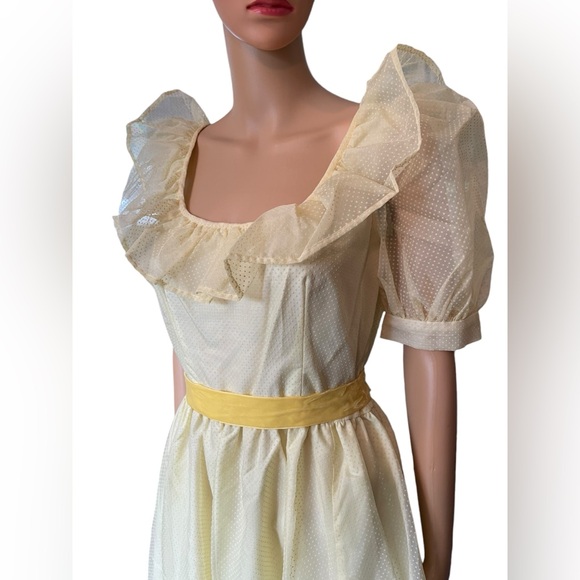 Vintage 70s Yellow Raised Dot Cottagecore Prairie Ruffle Formal Party Maxi Dress - Picture 2 of 6